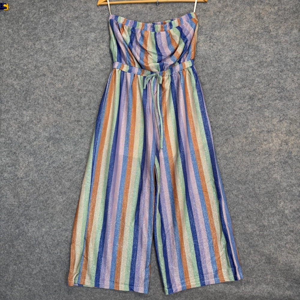 NWT Anthropologie Multicolor Metallic Stripe Strapless Jumpsuit